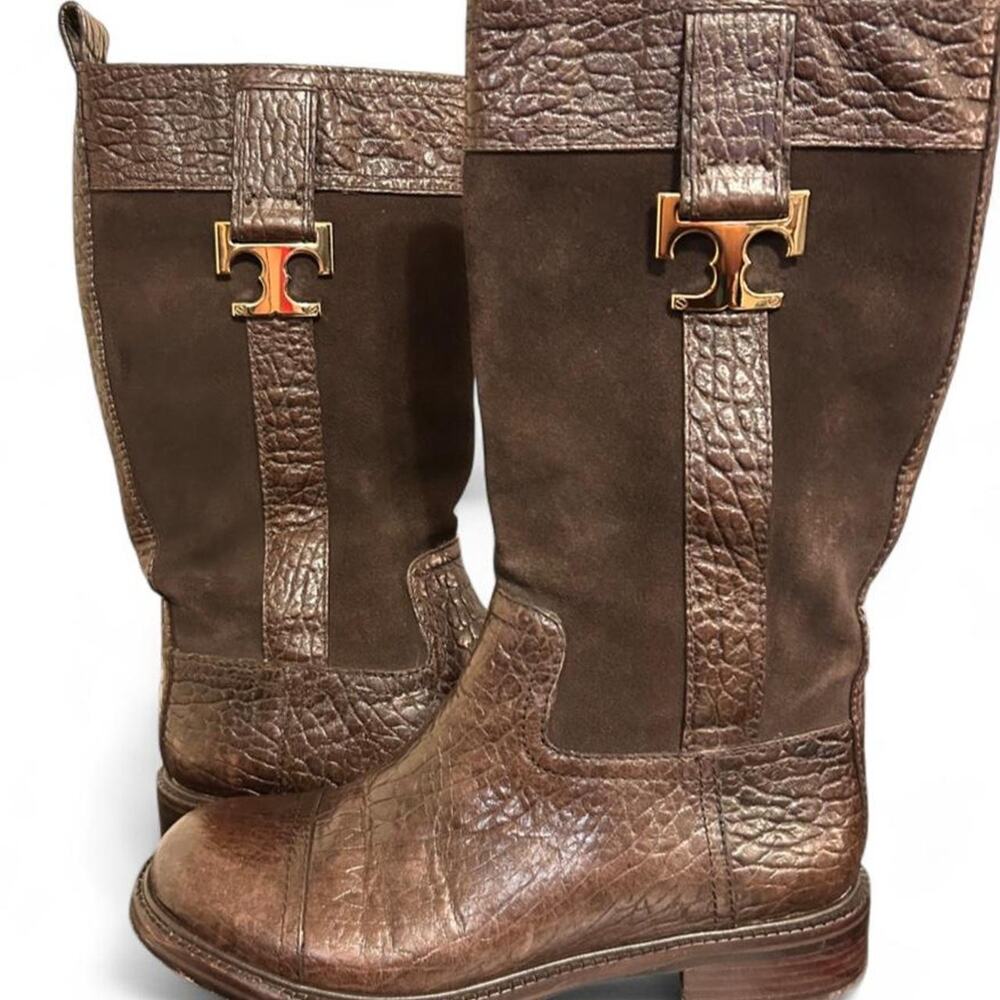 Tory Burch "Corey" Mid-Calf Boots, brown croc-embossed textured leather US 5.5